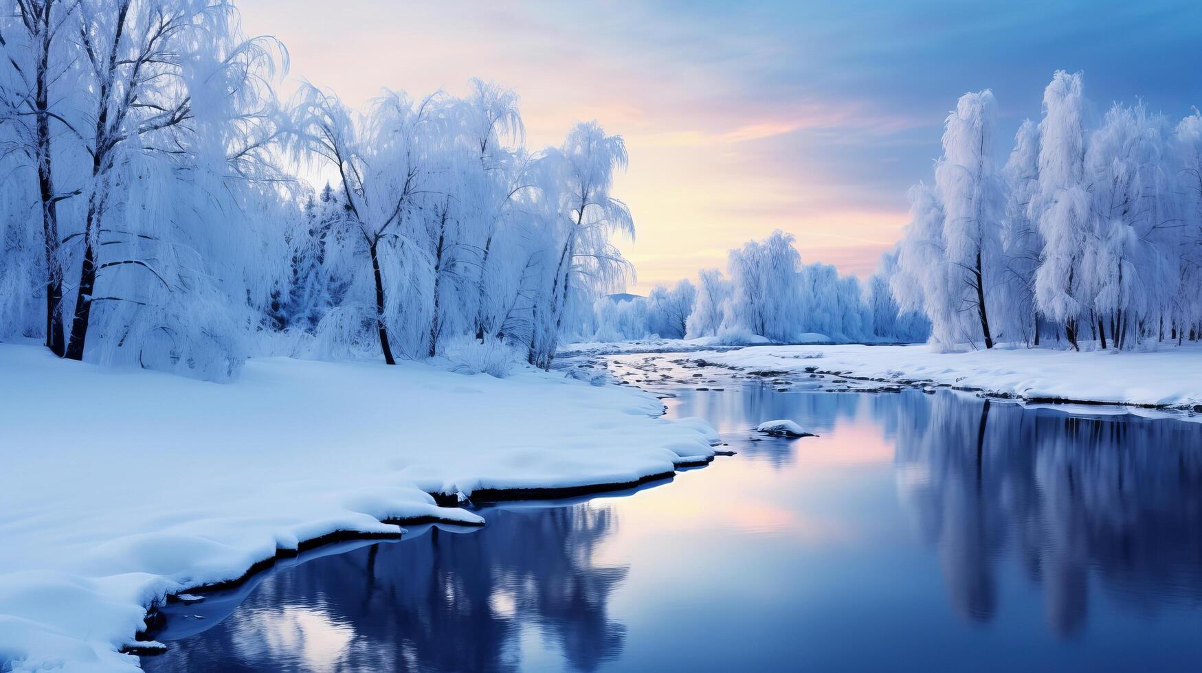 ai generado un nieve cubierto paisaje con un púrpura cielo y un brillante estrella a crepúsculo foto