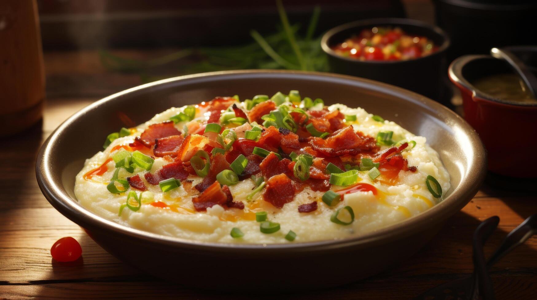 AI generated Grits bowl topped with hearty ingredients photo