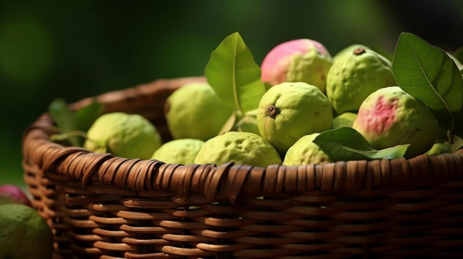 AI generated Ripe guavas in a woven basket, close up view photo