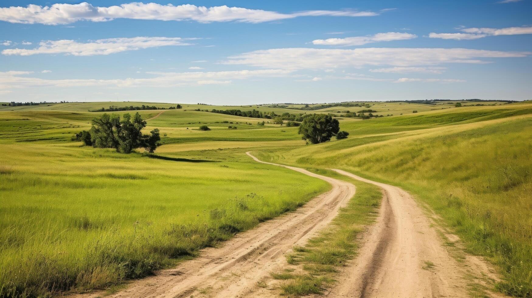 AI generated Curving farm path cutting through open countryside photo