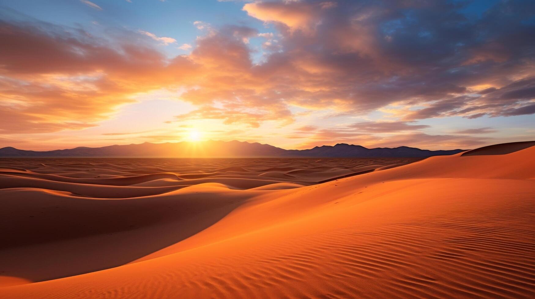 AI generated The warm glow of sunset over the desert sand dunes, showing the curves and textures of the sand photo