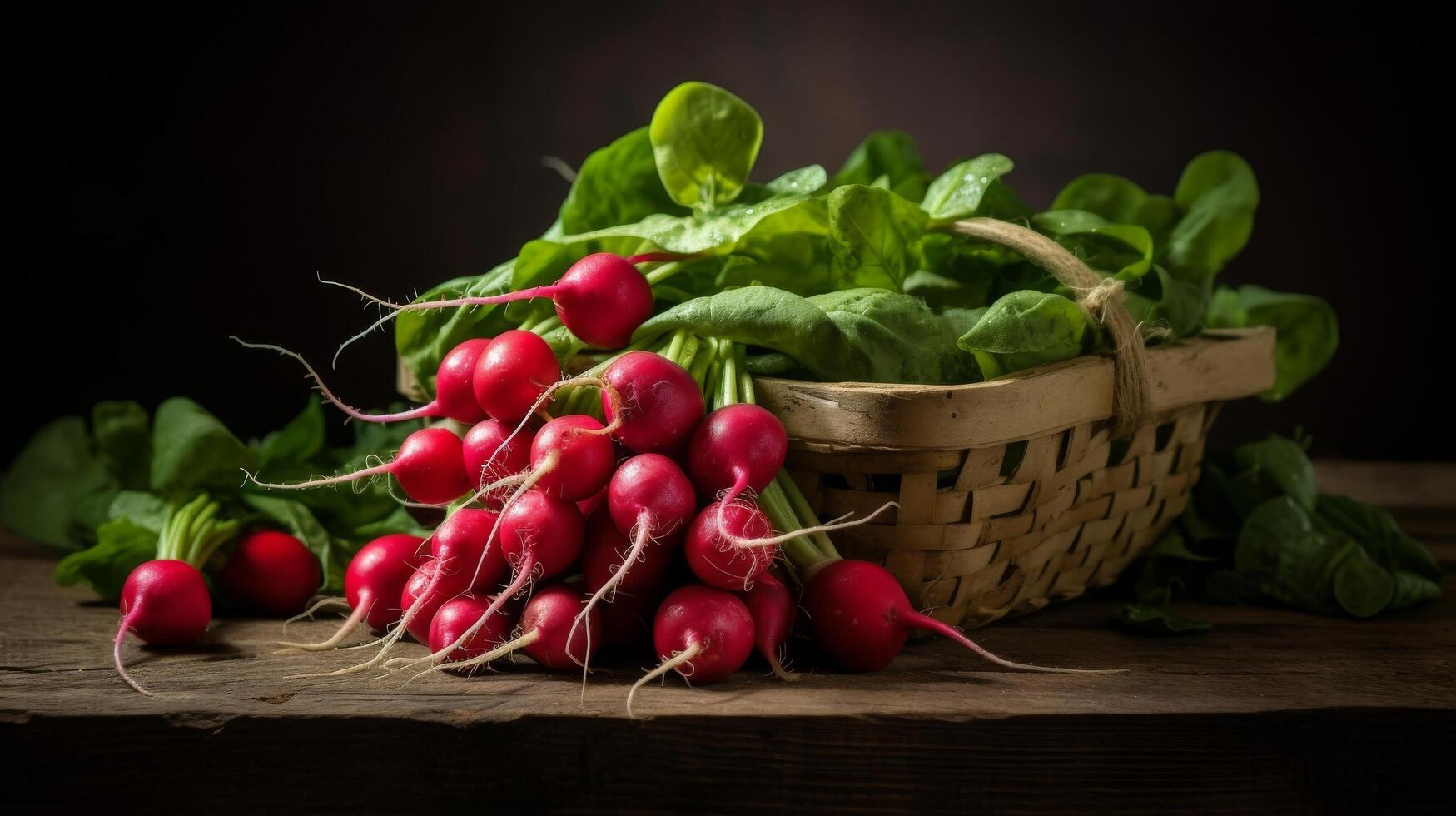 AI generated Rustic basket filled with vibrant radishes photo