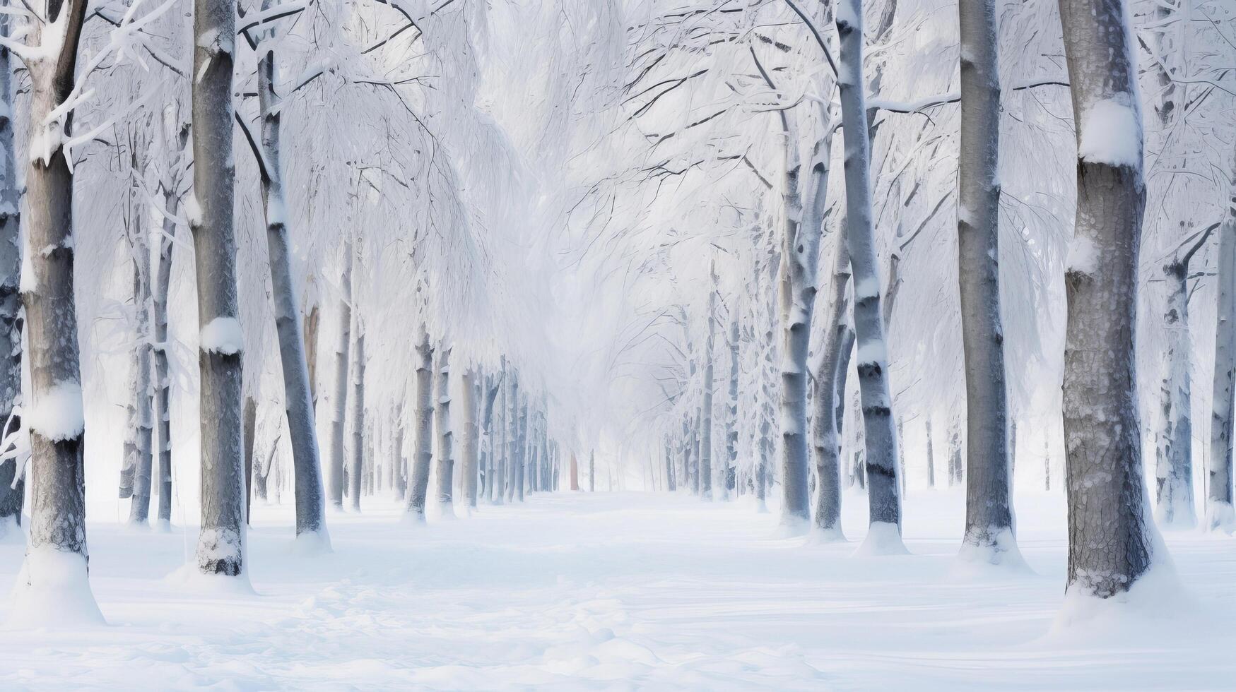 AI generated A forest of snow laden branches offers a serene view in winter photo