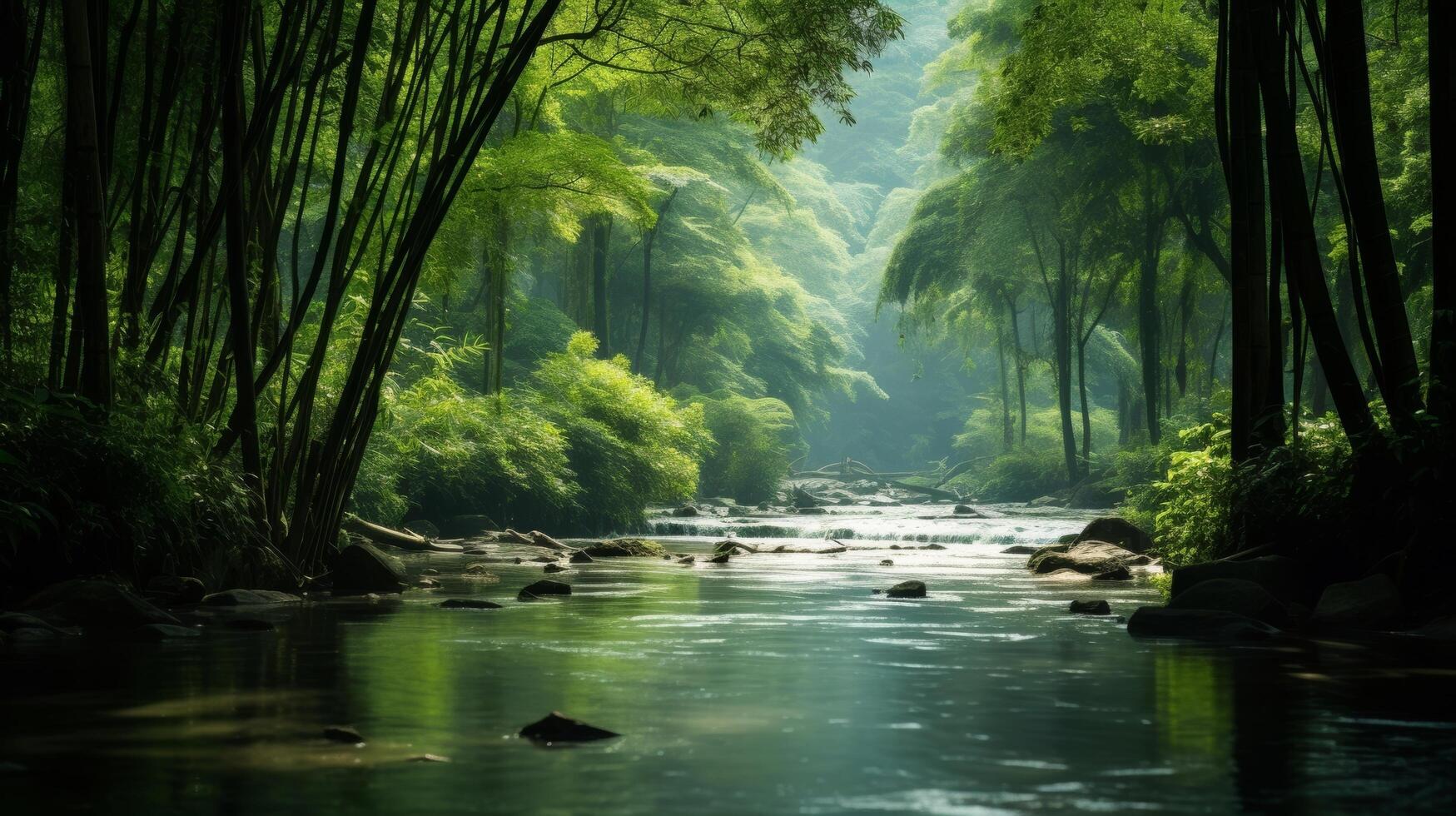 AI generated Remote river with green bamboo forests and water photo