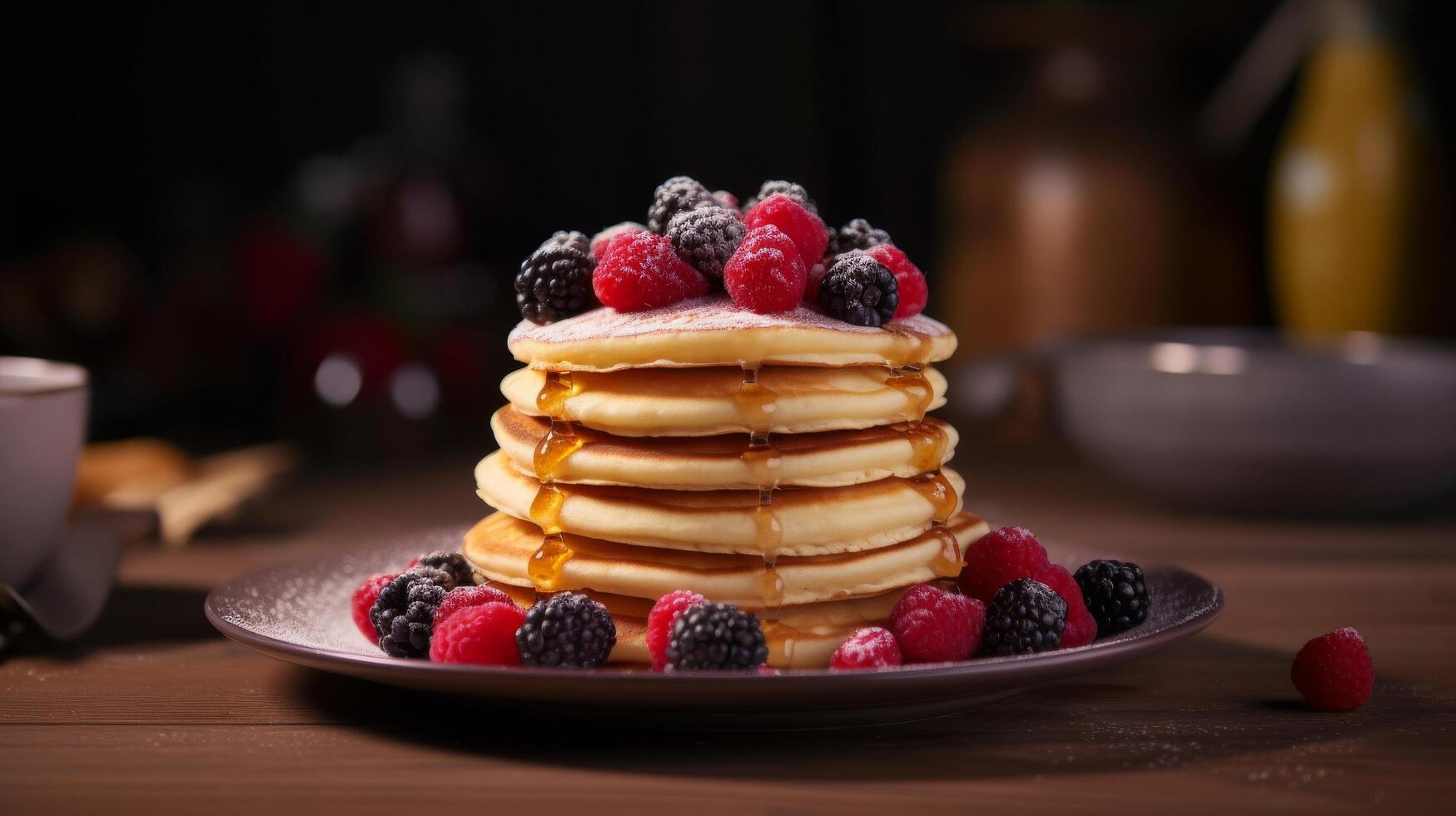 AI generated Enjoy a delightful stack of mini pancakes for brunch photo
