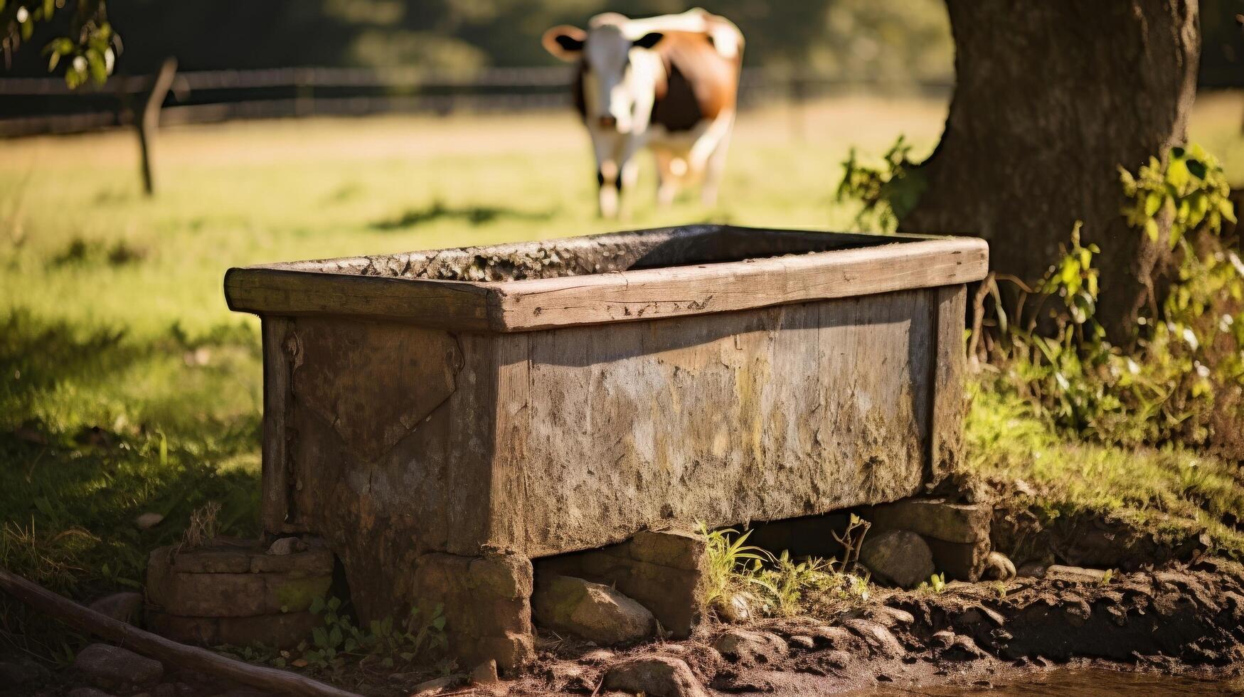 ai generado Envejecido agua canal, un funcional pedazo para granja animales foto