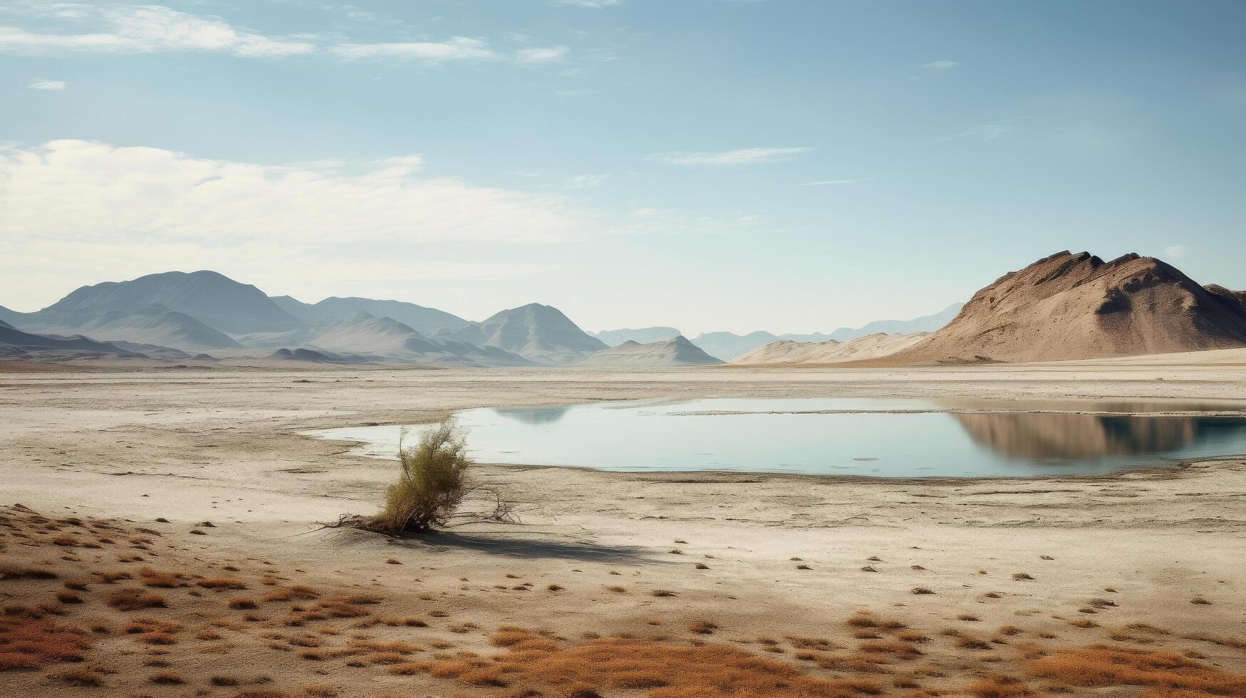 ai generado naturaleza escena de un estéril Desierto paisaje y surrealista lago foto