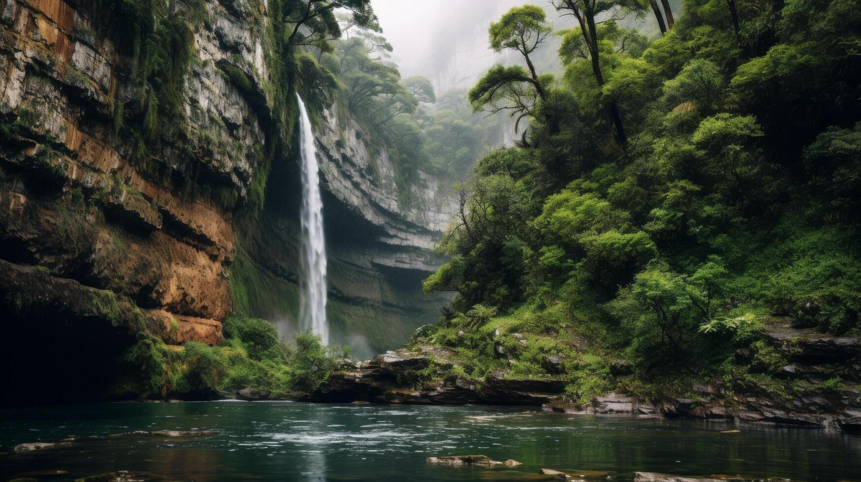AI generated Waterfall in canyon with green plants and rocks photo