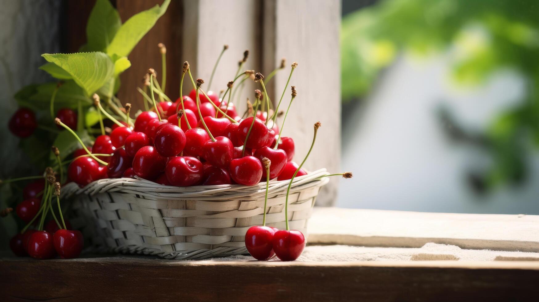 AI generated Ripe cherries displayed on a rustic windowsill in a basket photo