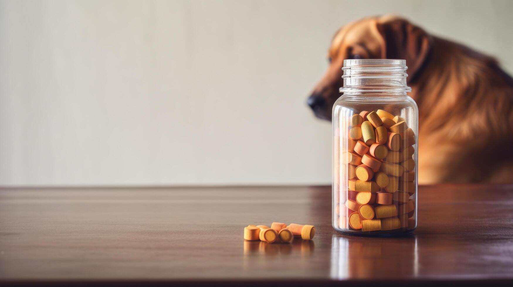 AI generated A veterinary prescription medication in a plastic bottle with a red cap photo