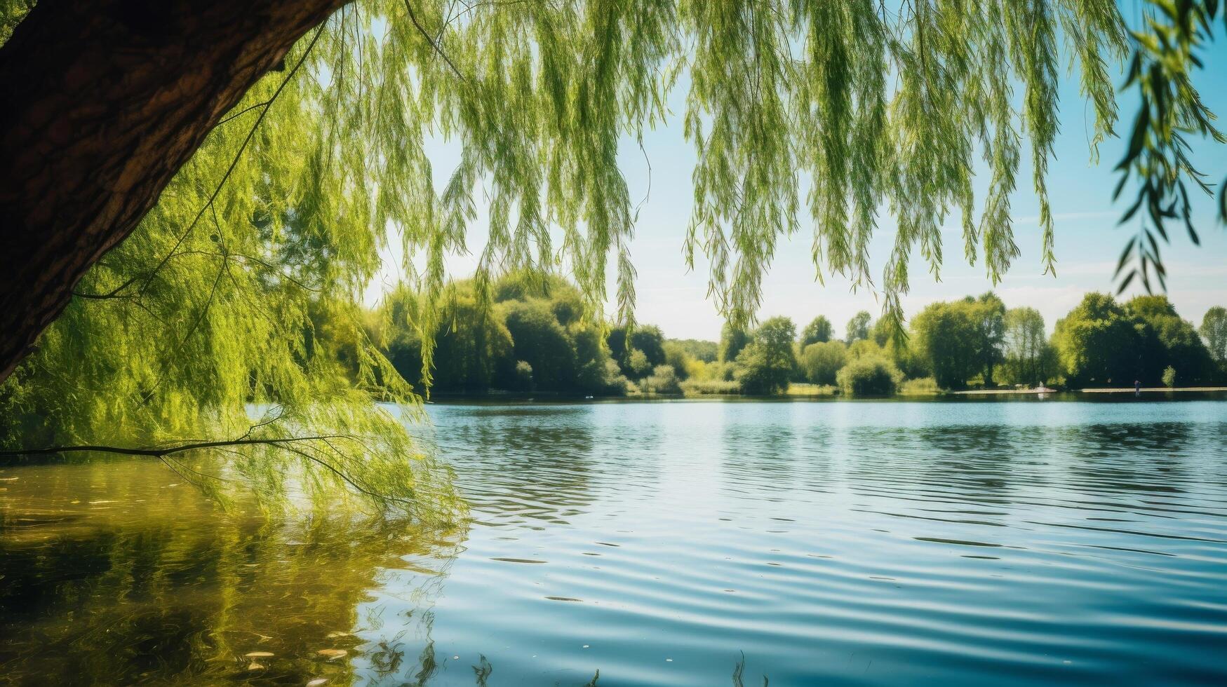 AI generated Peaceful lake and willow trees in natural environment photo