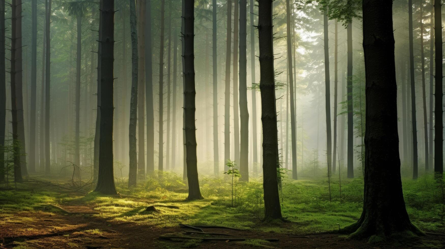 AI generated A calm and relaxing mood of a misty forest with rays of sun creating a natural bokeh effect photo