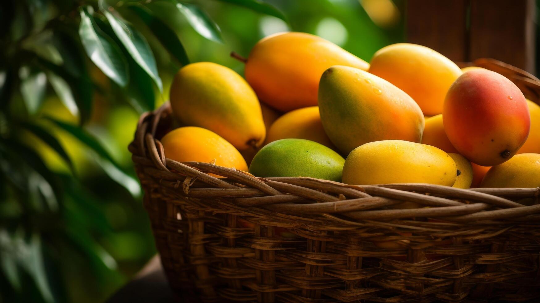 AI generated Woven basket filled with juicy, flavorful mangoes photo