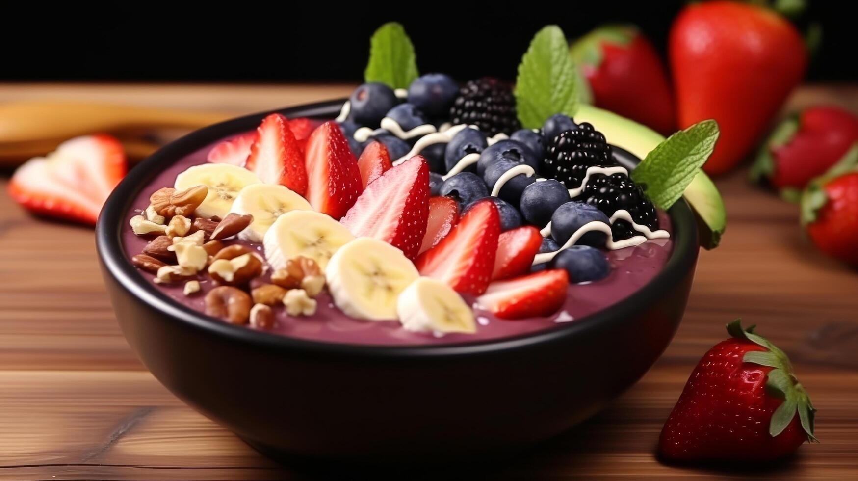 AI generated Bowl of acai with a burst of colorful toppings photo