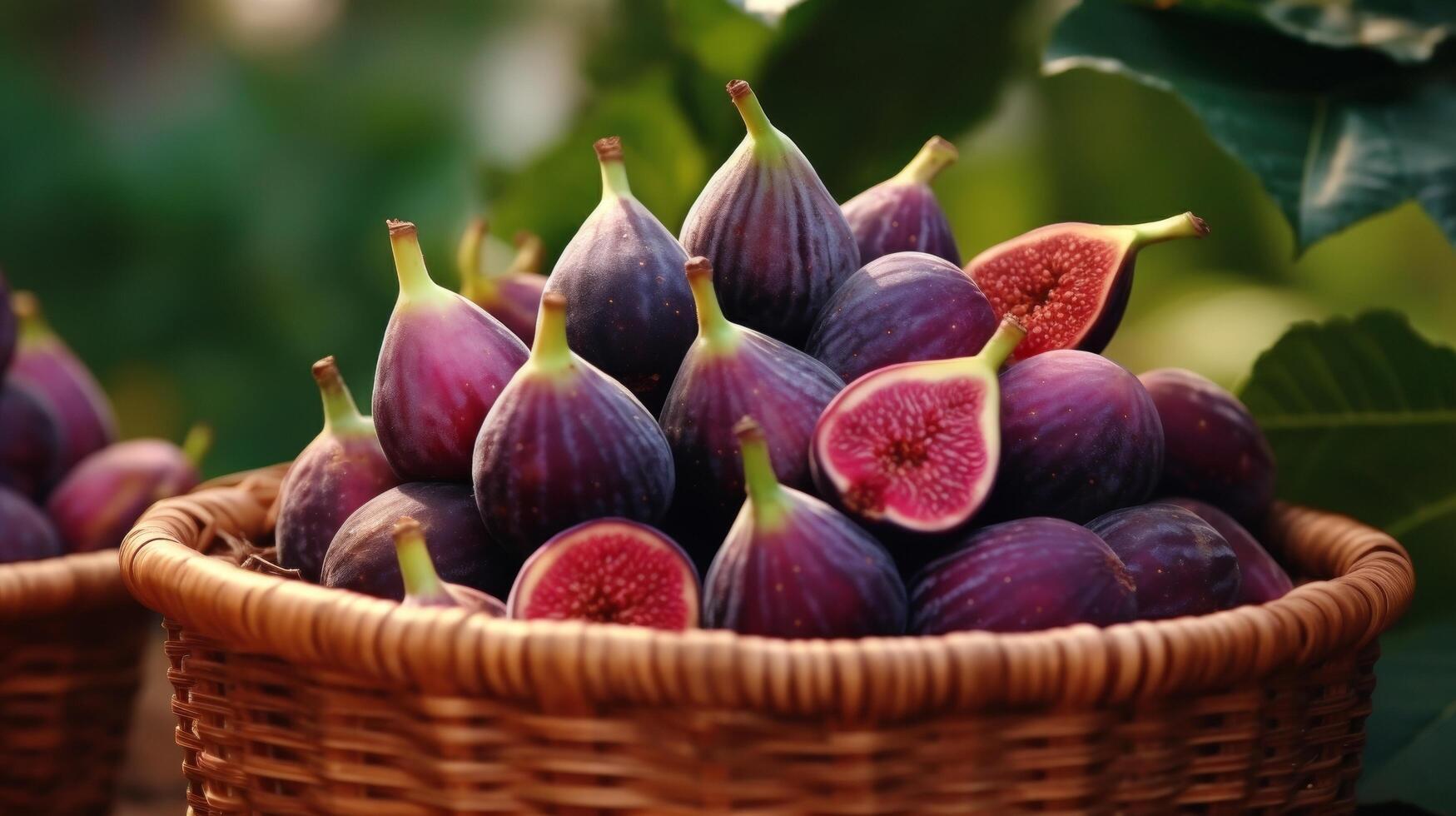 AI generated Close up of sweet, juicy figs in woven container photo