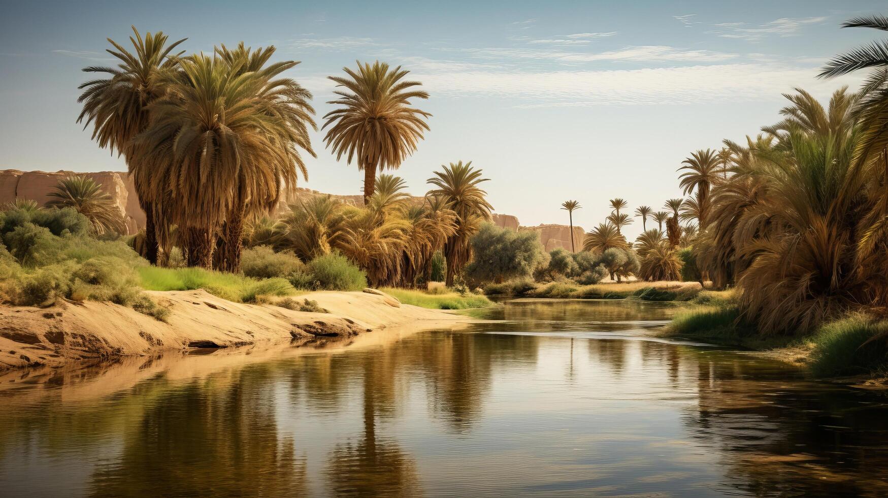AI generated A tranquil oasis in the middle of a vast desert landscape photo