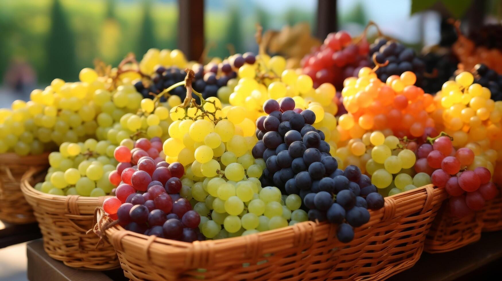 ai generado desbordante cestas exhibiendo un variedad de delicioso y maduro uvas foto