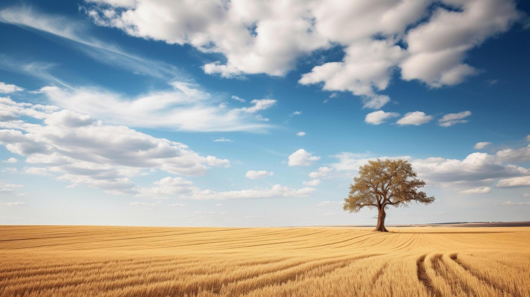 AI generated A wheat field with a single tree and a clear sky in the background photo