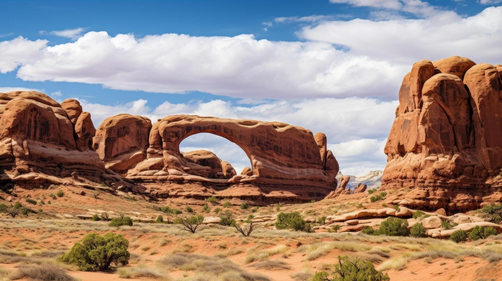AI generated A stunning background of a canyon with remarkable rock structures and arches under a sunny sky and fluffy clouds photo
