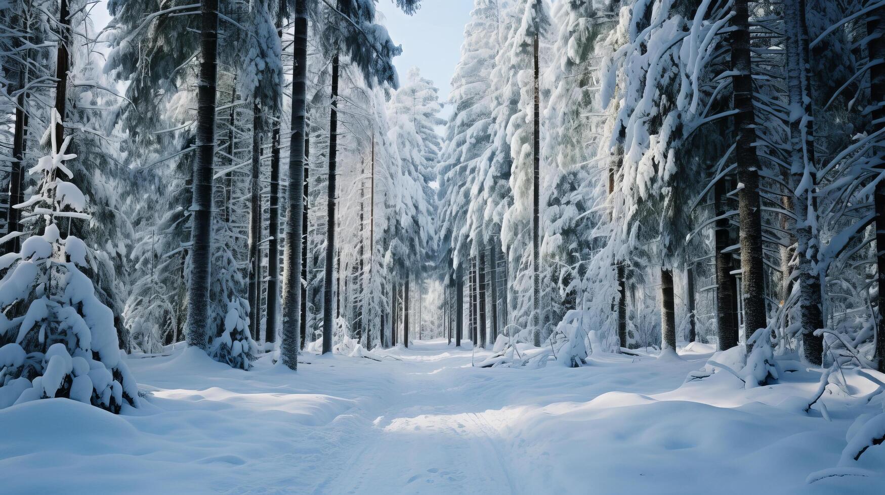 ai generado un invierno mundo maravilloso de un prístino Nevado bosque con verde pinos y espumoso copos de nieve foto