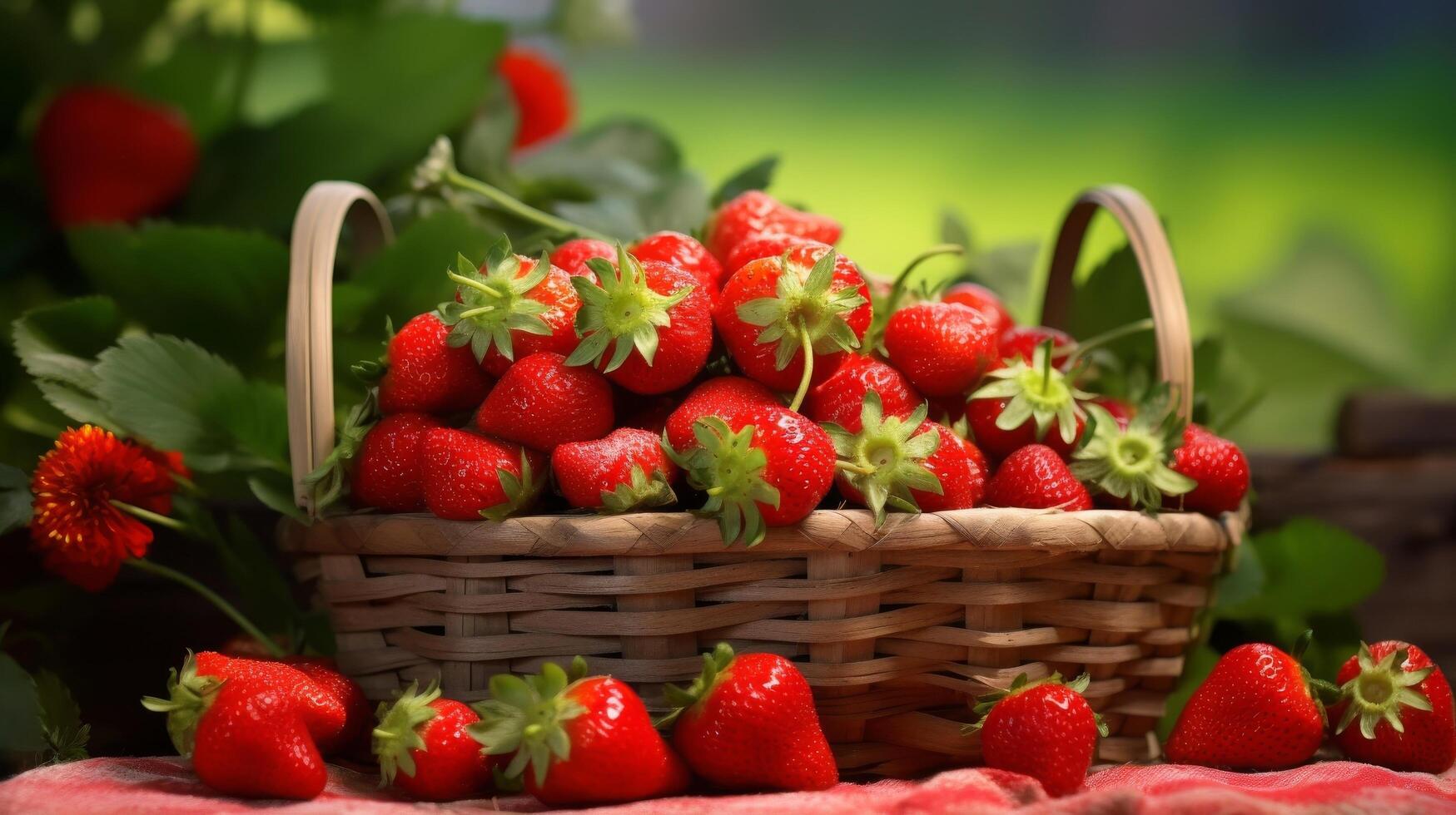 AI generated Basket showcasing a collection of sweet and ripe strawberries photo