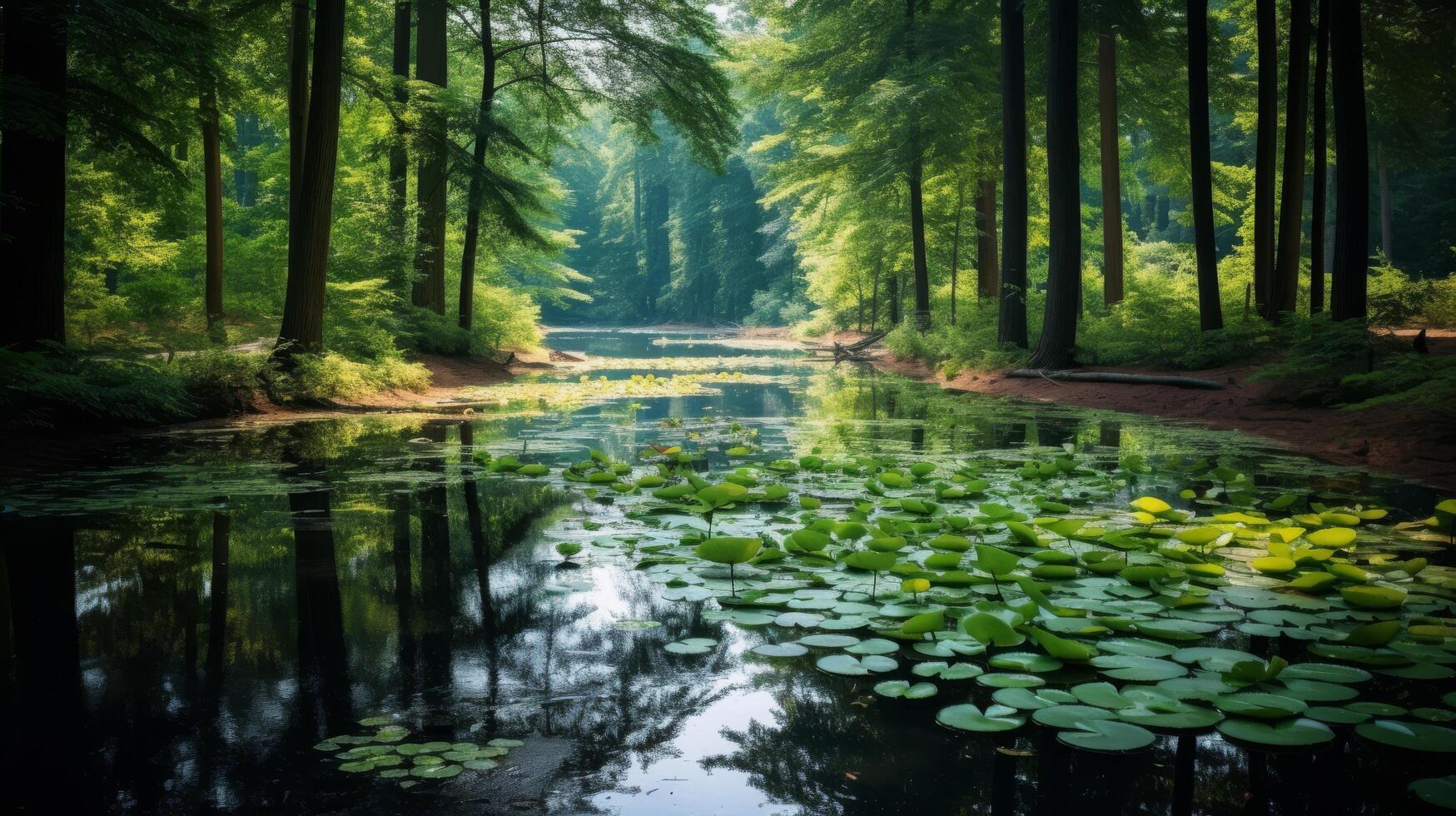 AI generated A peaceful and refreshing landscape of a tranquil forest pond with lily pads and a greenery of the trees photo