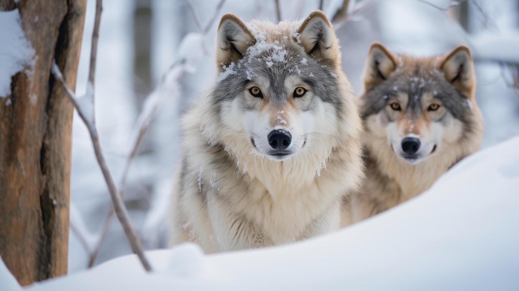 AI generated A pair of wolves in a snow covered forest a rare and amazing sight to witness photo