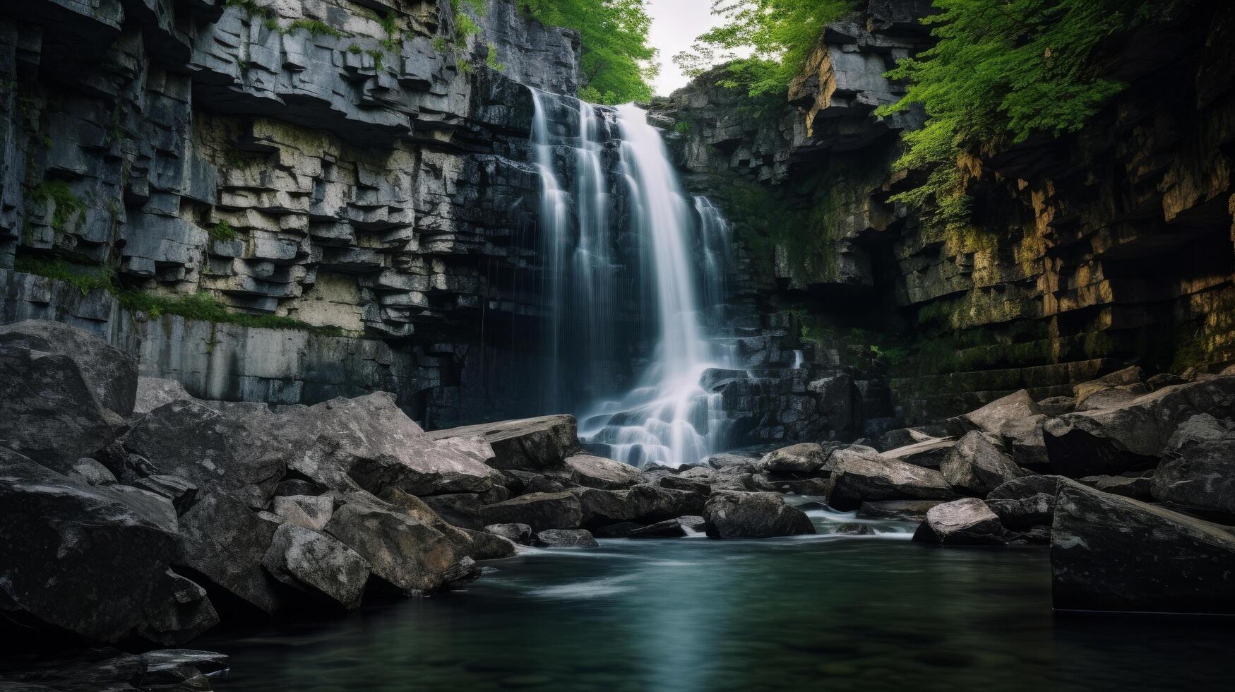 AI generated Waterfall flowing through canyon with stones photo