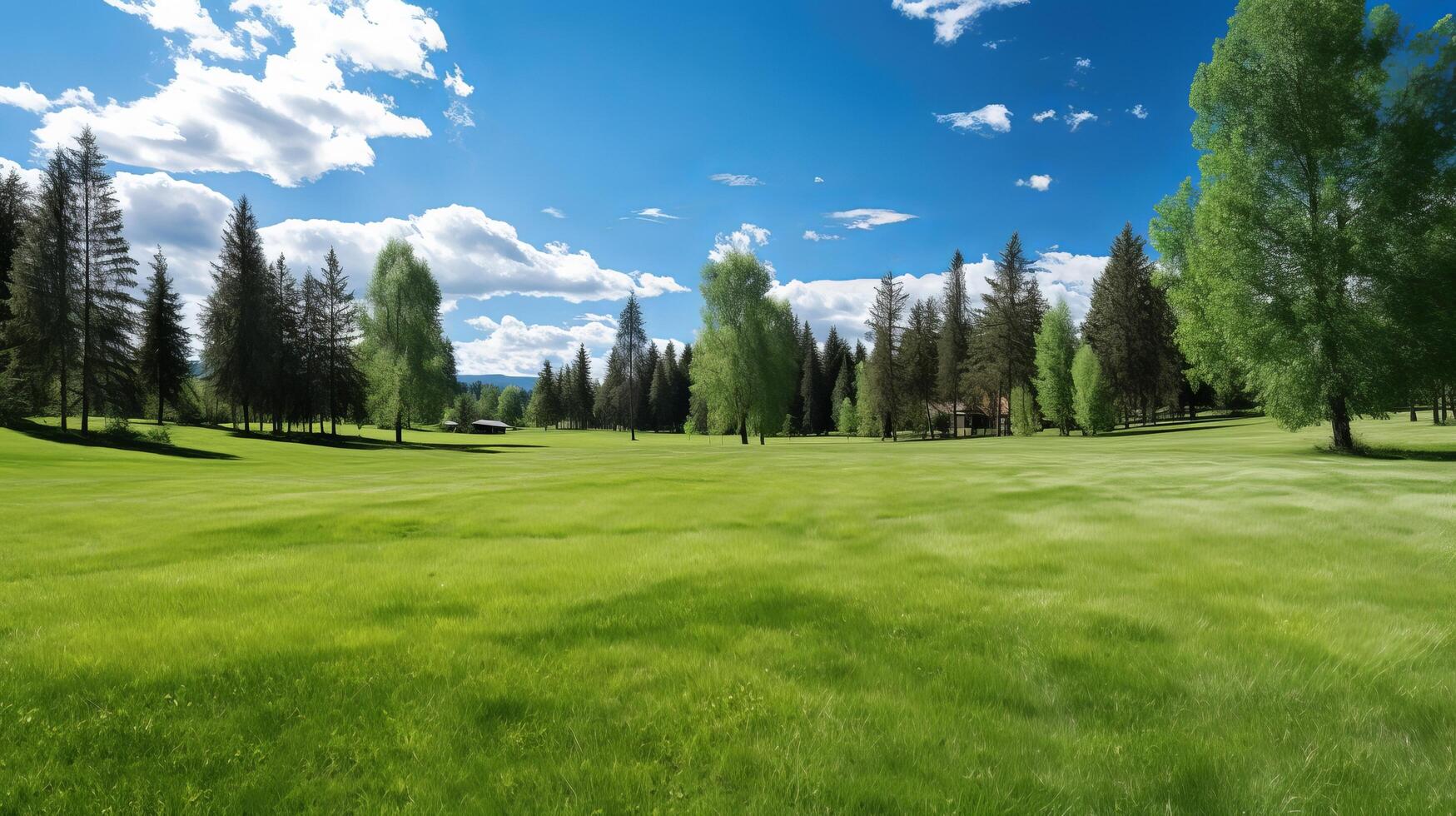 AI generated A meadow with green grass, wildflowers, and forest in the background photo