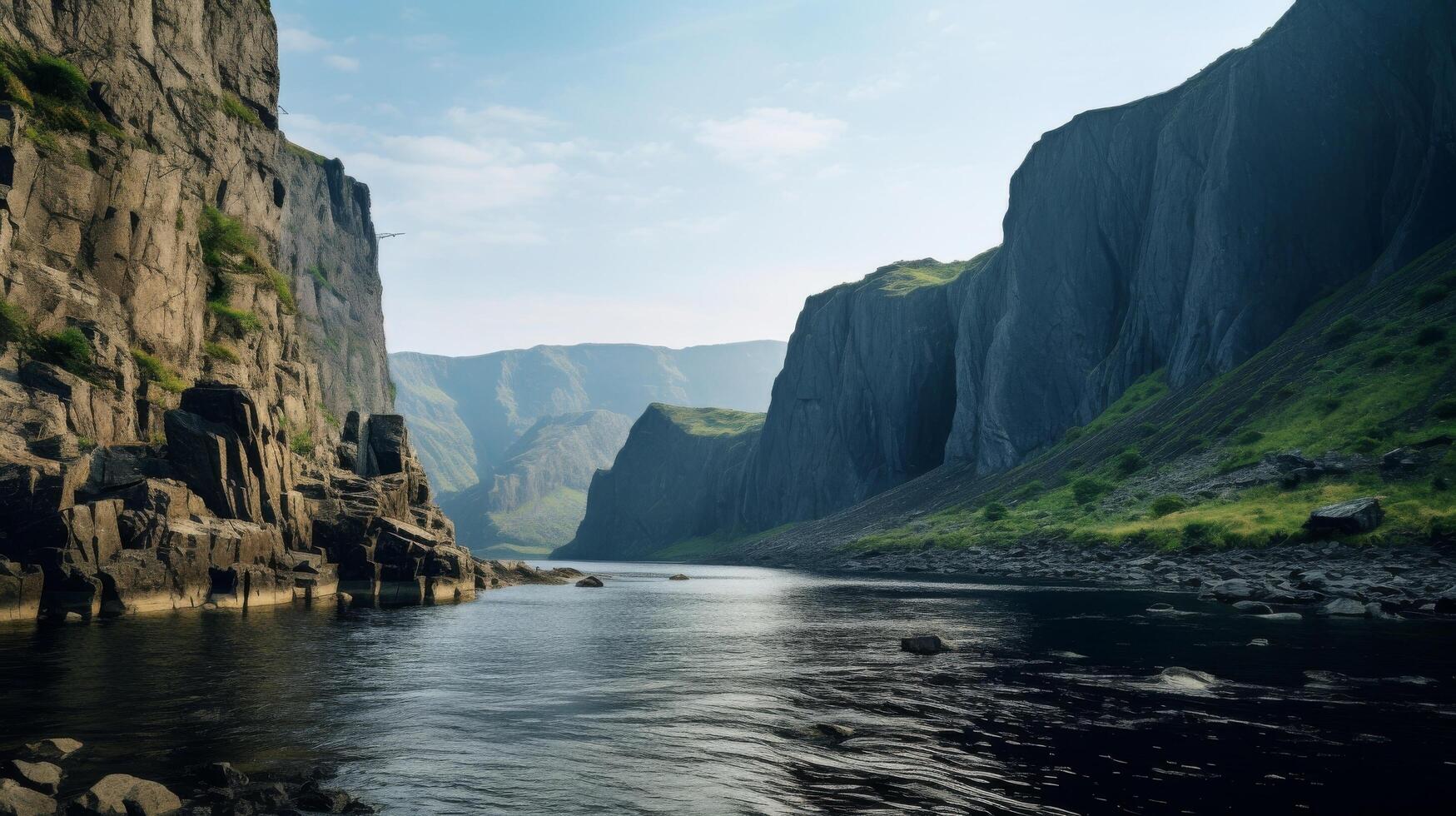 AI generated Impressive and dramatic lake scene with cliffs photo