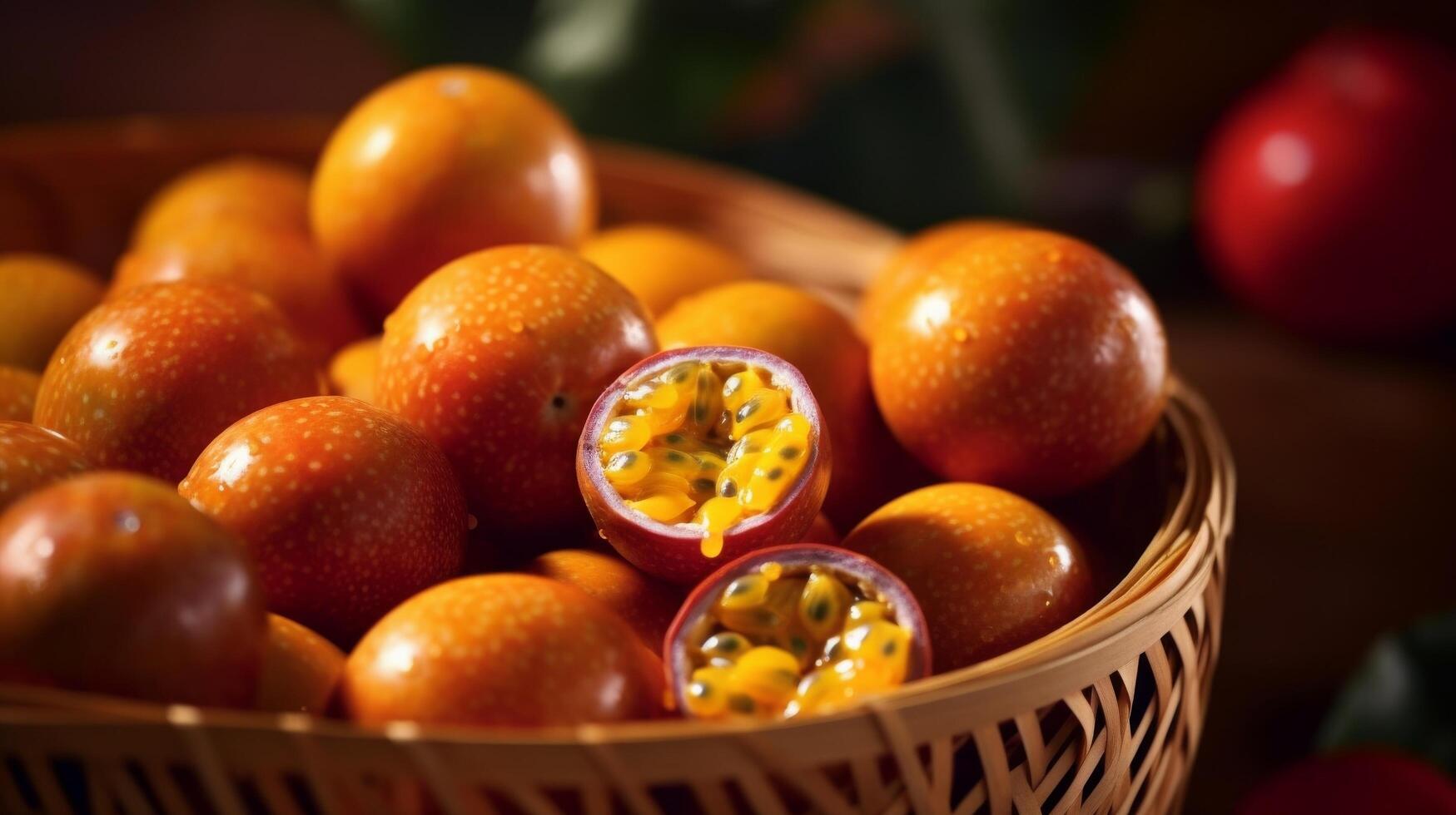 AI generated Basket overflowing with succulent, tropical passion fruits photo