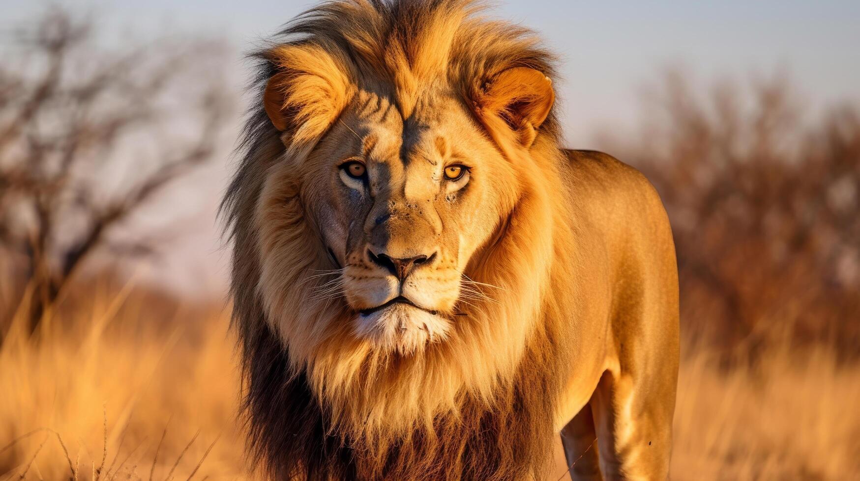 AI generated A lion with a regal expression and a thick mane looks into the camera photo