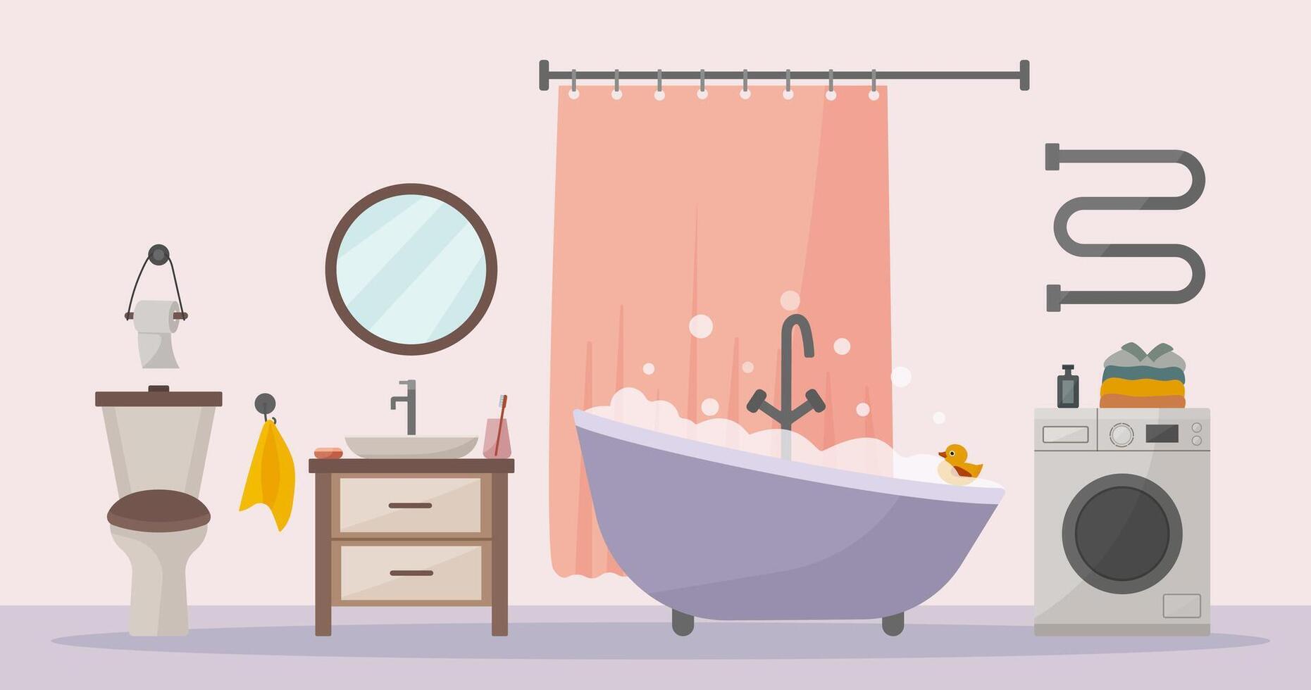 Stylish bathroom in flat vector style. Bath, washing machine, toilet, sink. Accessories shampoo, shower gel, soap, towel, mirror, bath curtain.