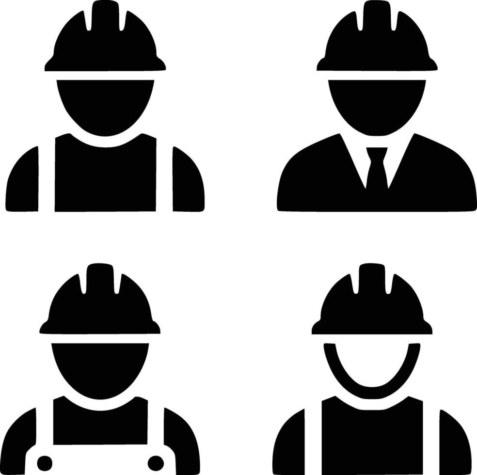 Builder icons set. Avatar or labor with hard helmet and jacket set. Construction worker, engineer, labour, male worker and employee in a helmet vector