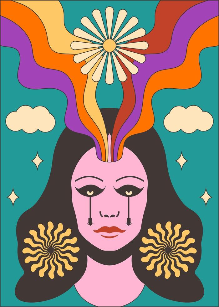 70s retro psicodélico mujer cara ilustración vector