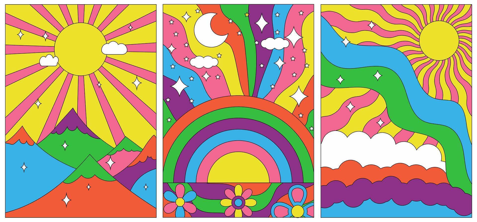 Minimalistic groovy psychedelic backgrounds set vector