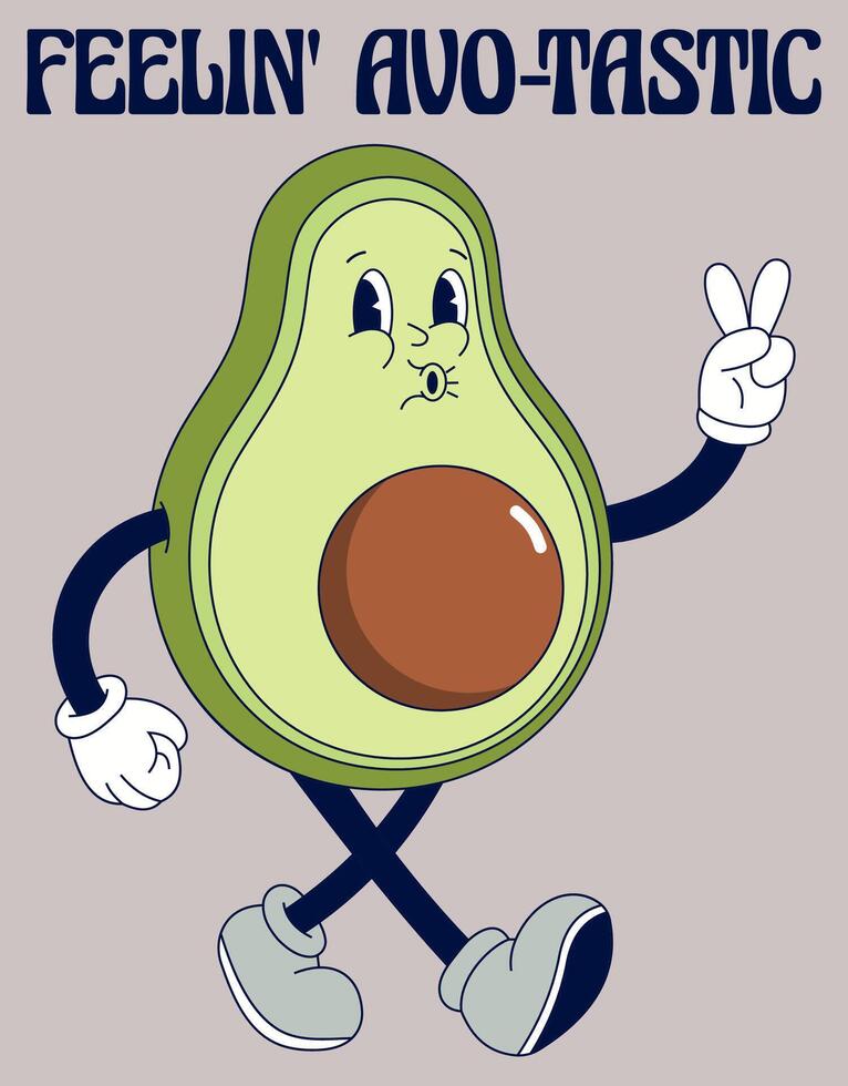 Retro groovy avocado character vector