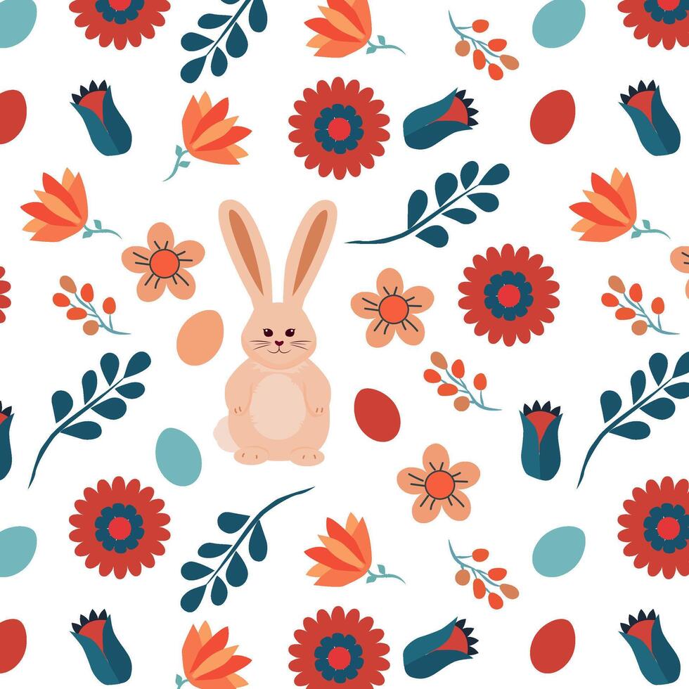 vector seamless pattern easter bunny with flower and eggs