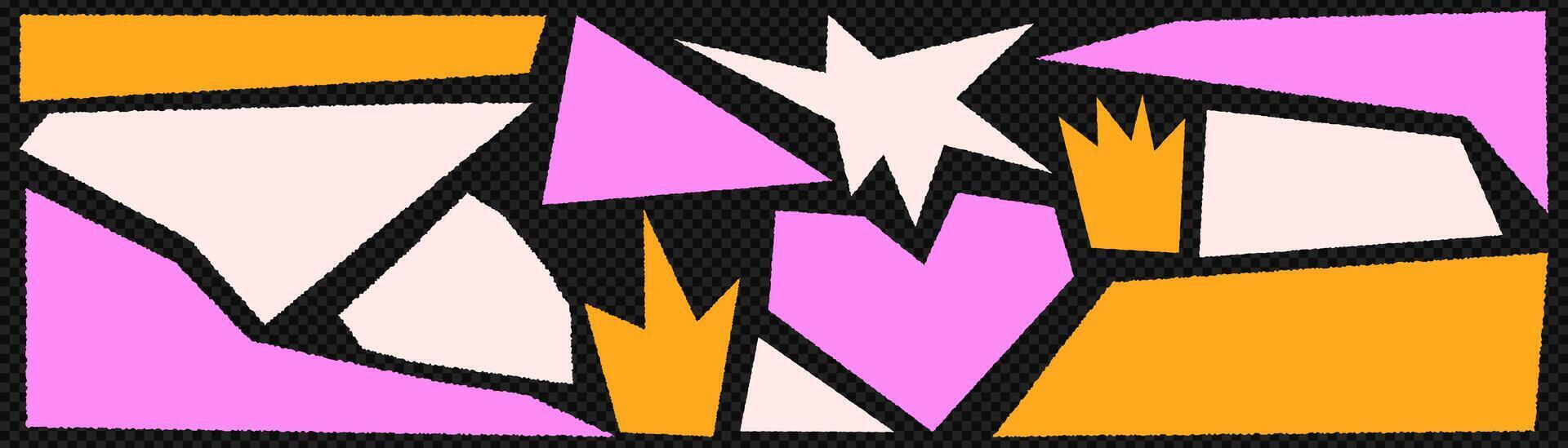 A set of different colored torn paper in the form of rectangle, crown, heart and other abstract shapes. Ripped rectangles and sharp shapes. vector