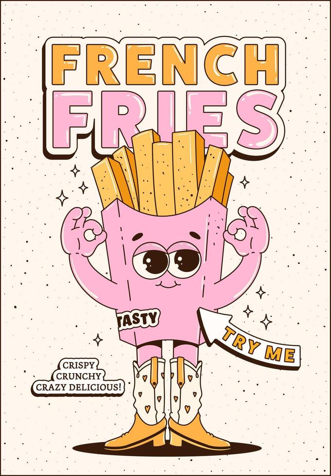 póster con frio papas fritas en retro maravilloso estilo. de moda dibujos animados ilustración. maskot para cafés, barras, restaurantes vector