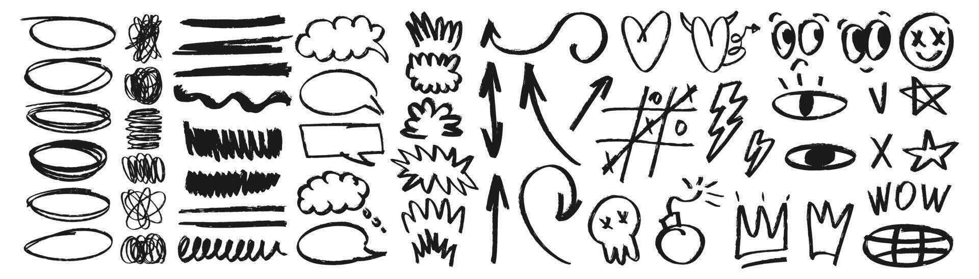 Set of doodle elements. Highlights, lines, arrows, speech bubbles. Grunge icons and hand drawn scribbles. Vector modern design.