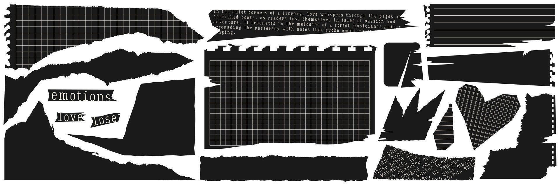 Black torn paper set. Notebook sheets, paper clippings for collage and scrapbooking. Contemporary vector design.