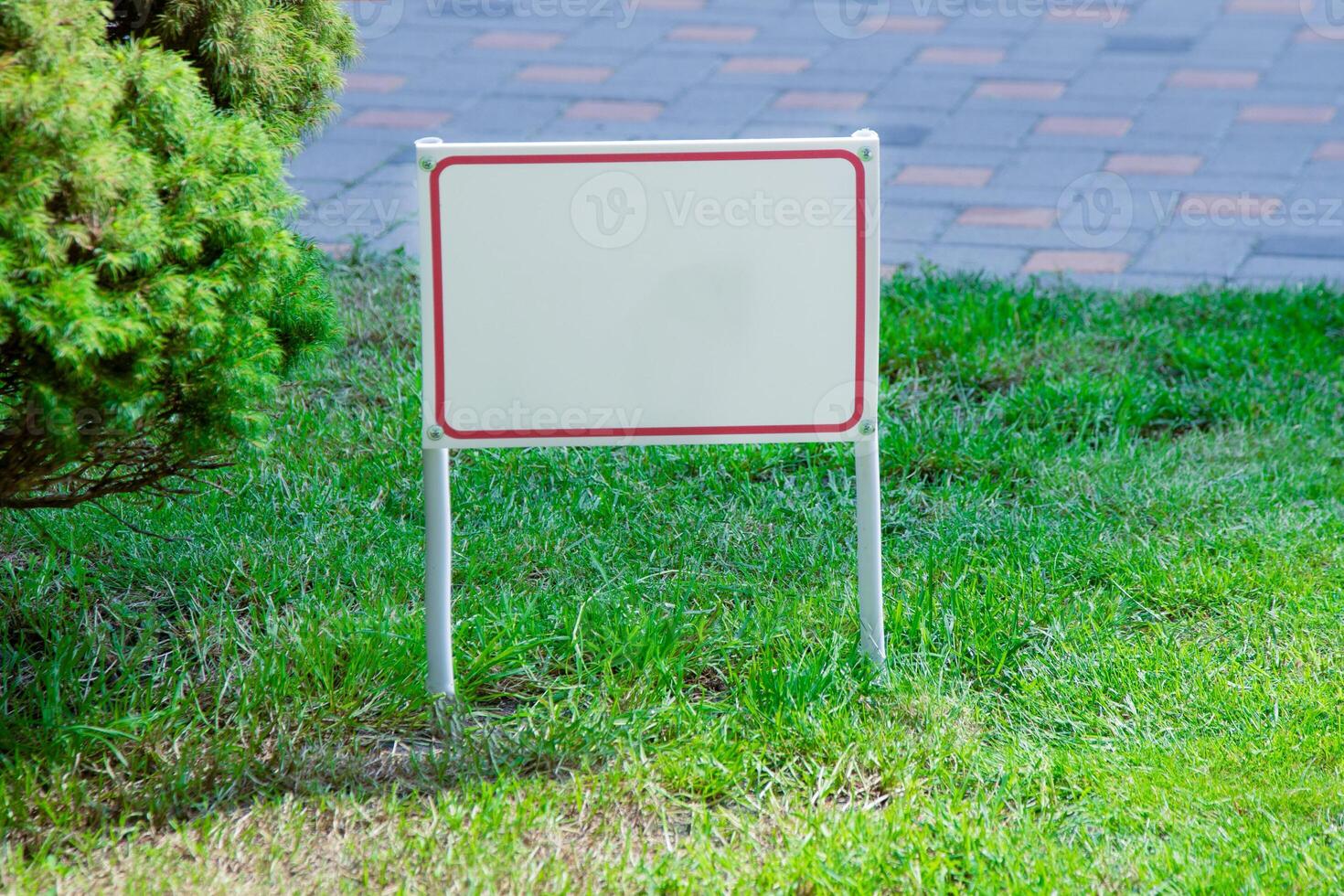 Pointer sign on the lawn with green grass. Banner layout with place for the text dog walking is prohibited, do not walk on the lawn, it is dangerous for sale. Information board layout. Mockup photo