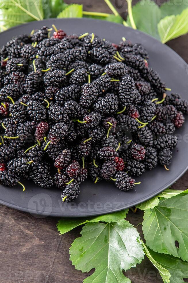 Mulberry in a bowl. Blackberry harvest in summer. Fruit food background. photo