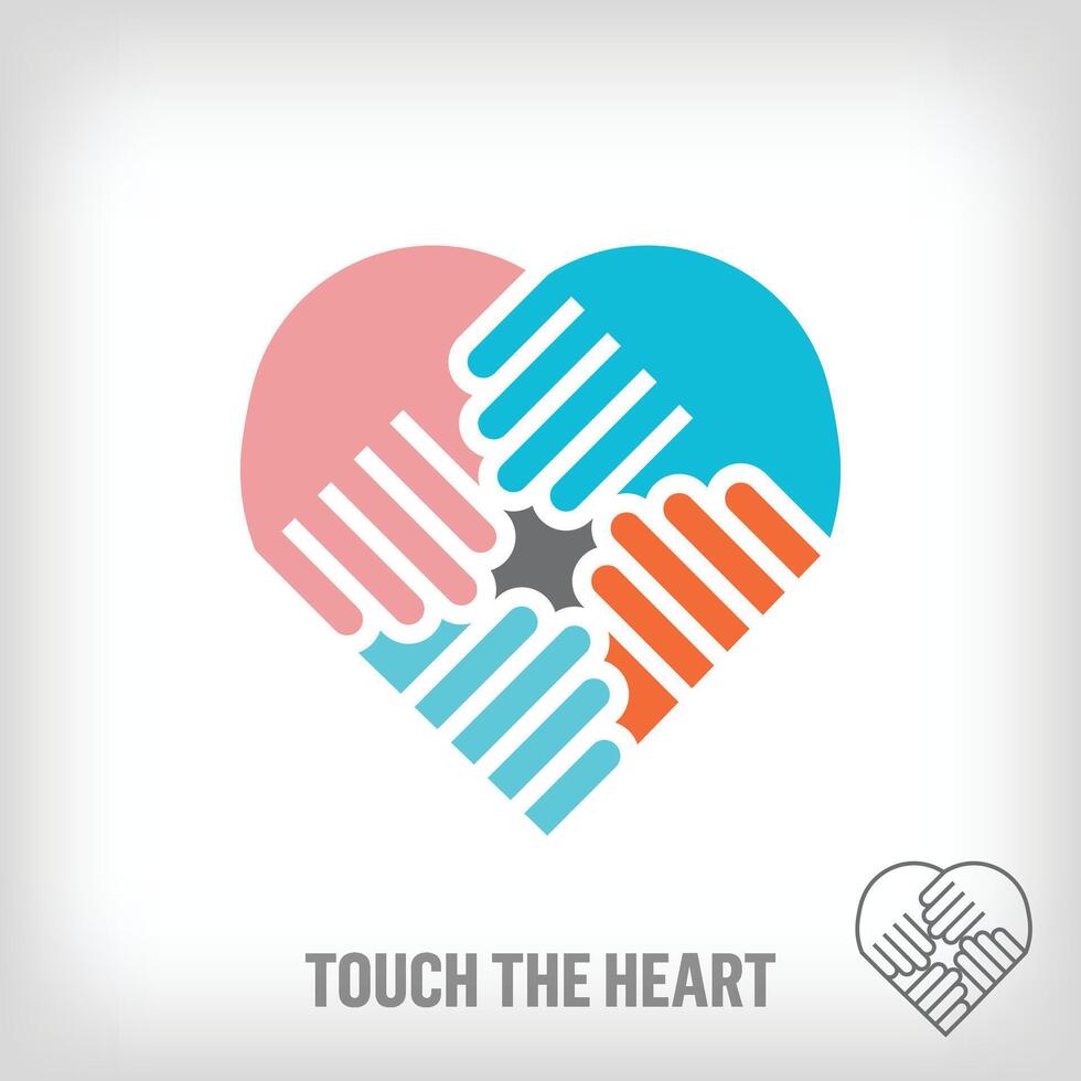 Creative heart shaking hands logo. Uniquely designed color transitions. Health and family together logo template moving towards the top. vector. vector