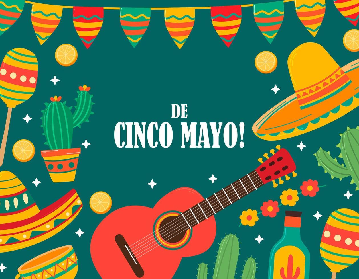 cinco Delaware mayonesa colocar, sombrero, guitarra, cactus vector