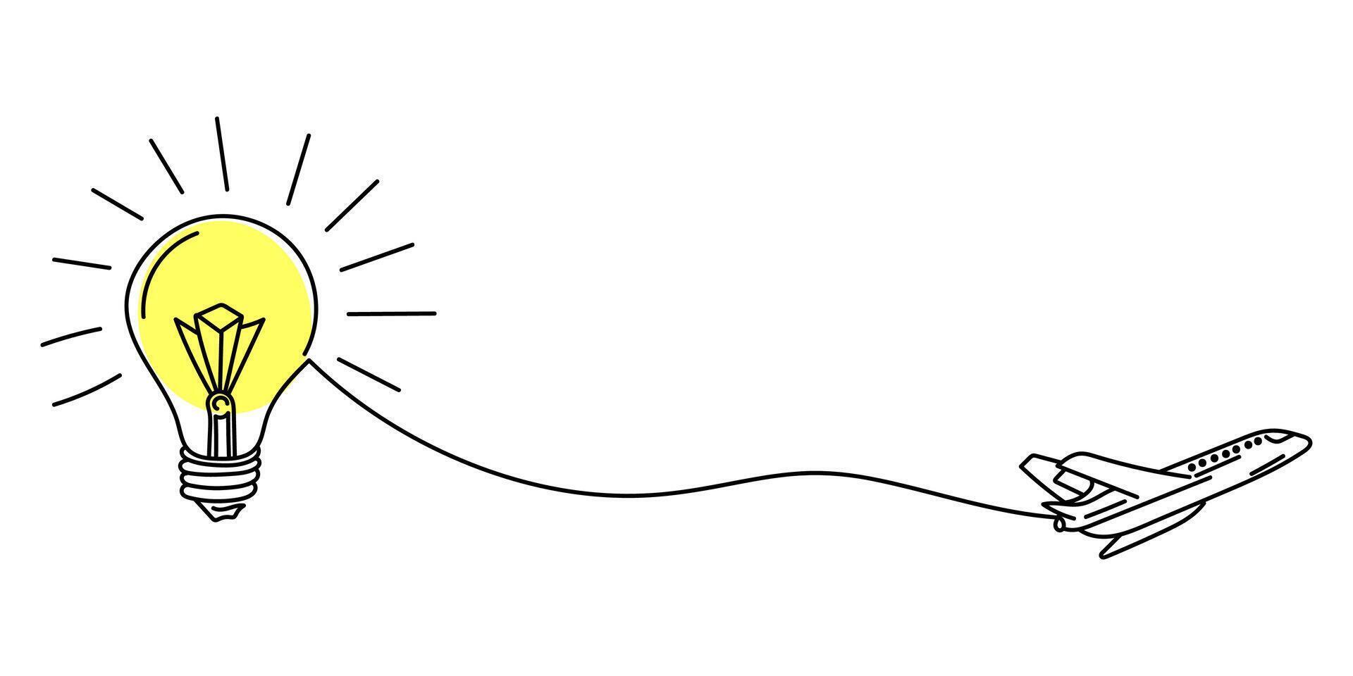 The plane flies upward connected by one line to a light bulb. Startup concept, travel, ideas. one line vector