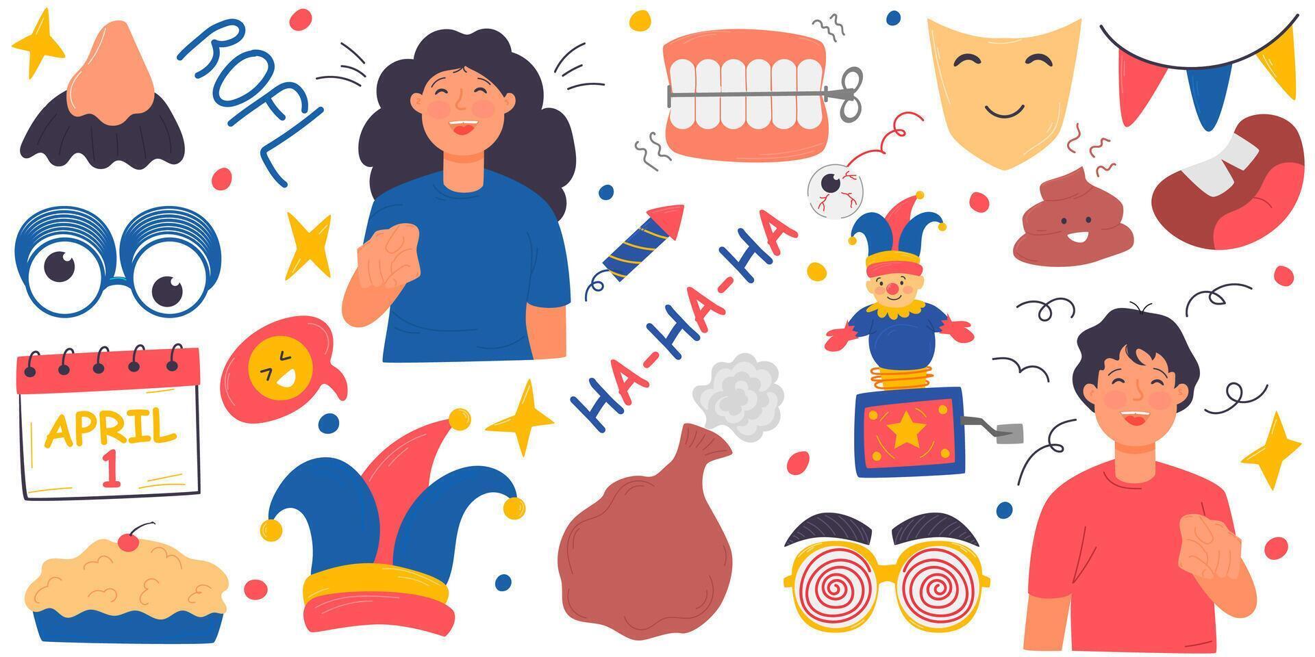 Fool's Day Vector Set. 1 April. Laughter. Objects for a prank.