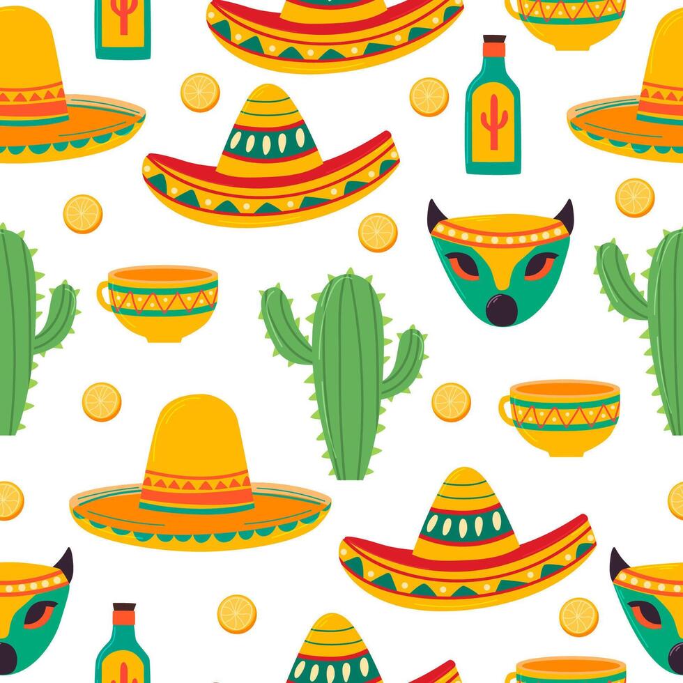 Mexican style pattern. Sombrero, cactus, cinco de mayo vector