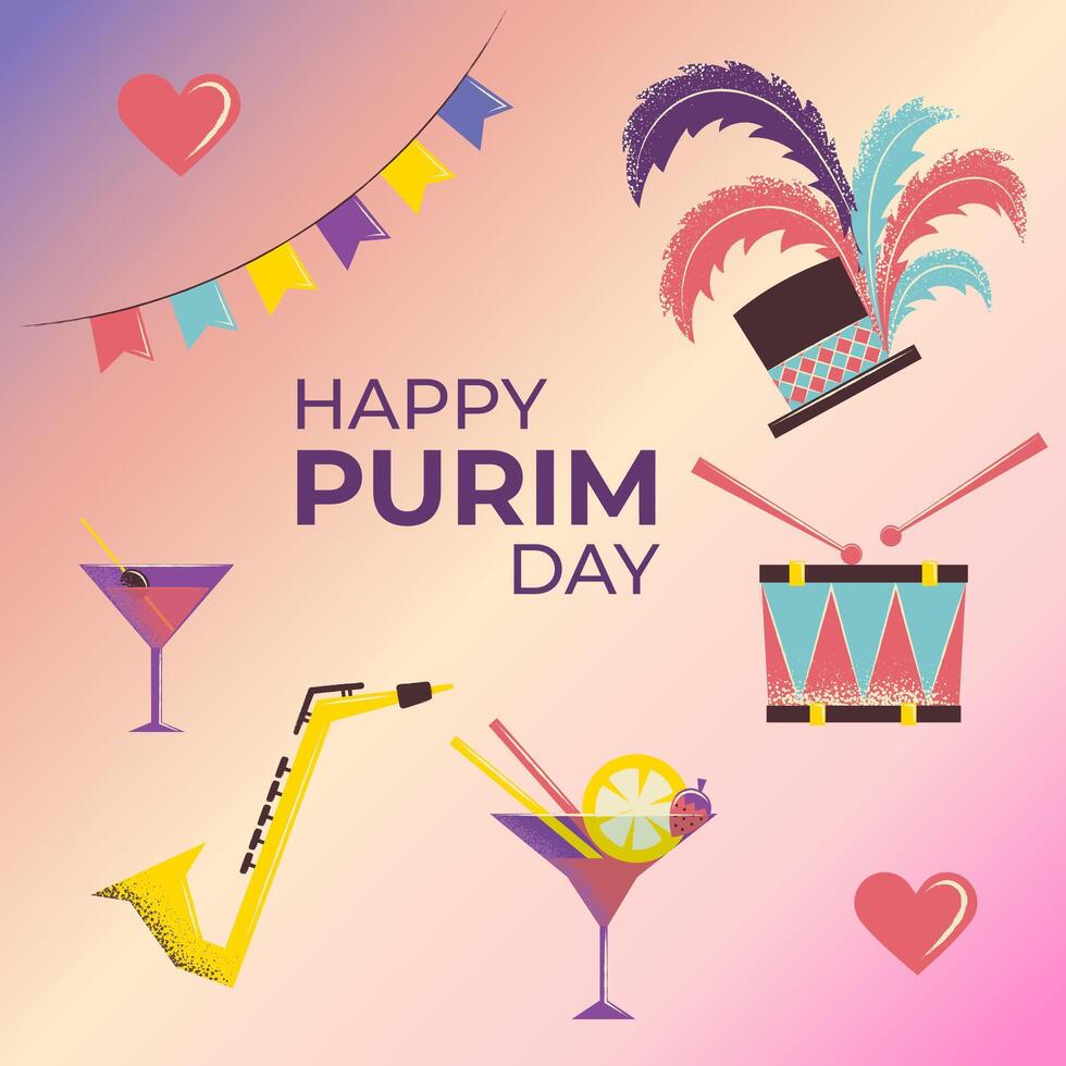 Happy purim greeting card. Traditional Jewish holiday. Flat vector illustration.